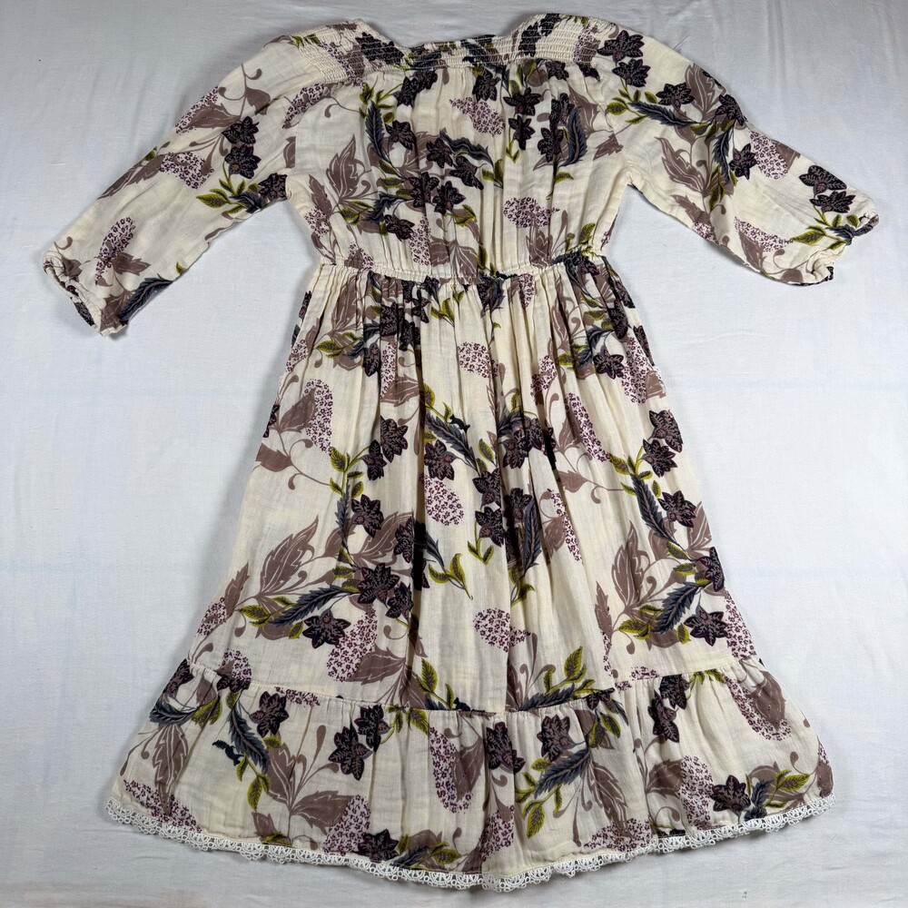 Boho Medium Cotton Floral Dress Button Front Lace Trim - Picture 2 of 8